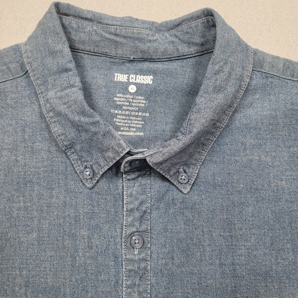 True Classic Mens Blue Chambray Short Sleeve Button Down Shirt XL #123-748